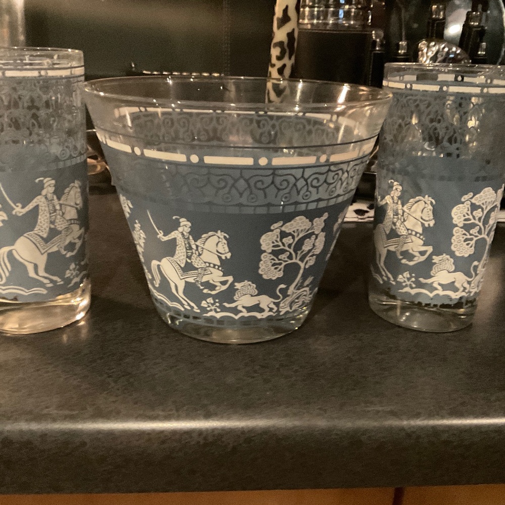 stenciled ice bucket and 2 matching glasses